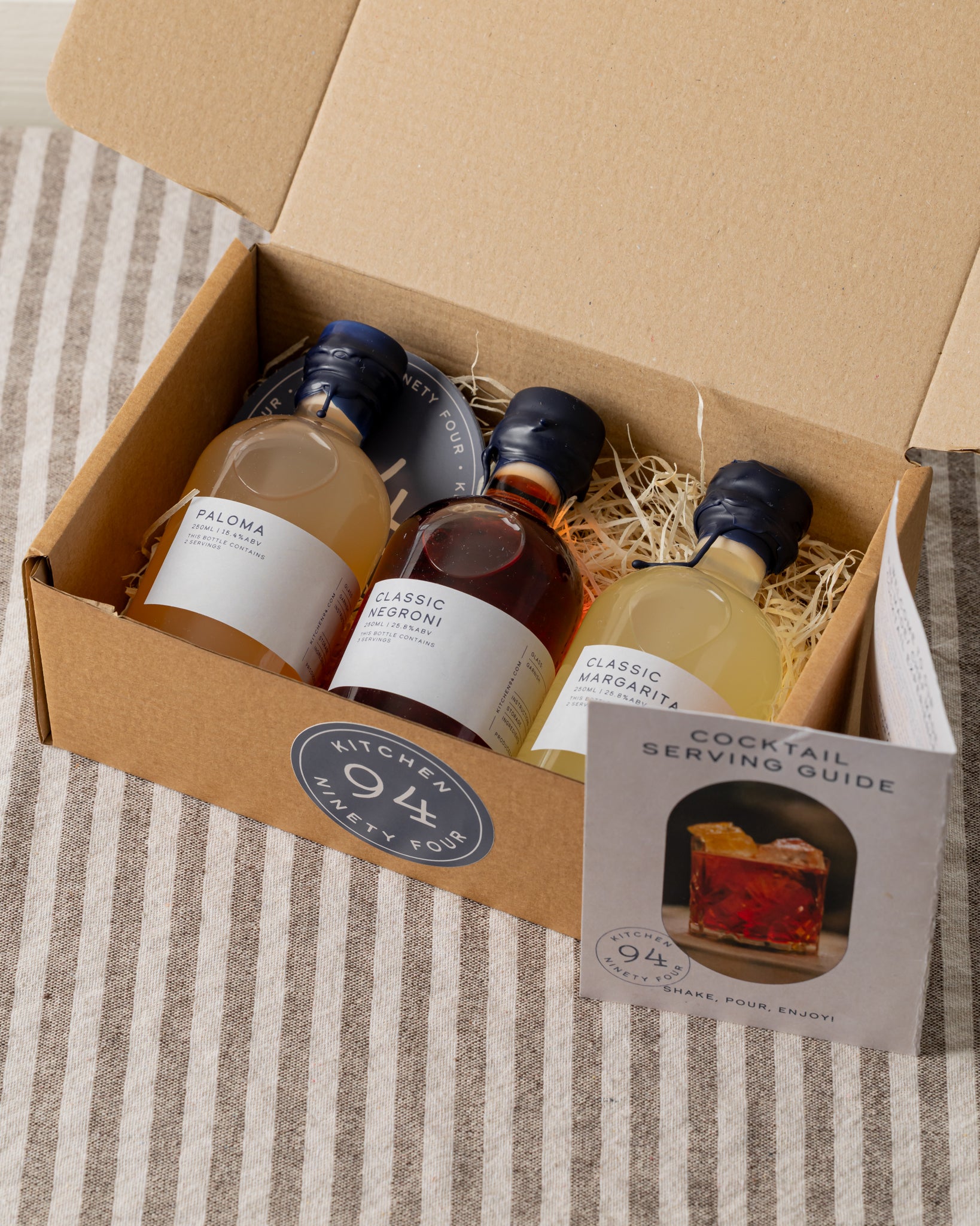 Kitchen 94 sample cocktail kit with three 250ml tasting bottles